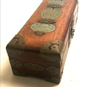 Classic Chinese Jewelry Box with Brass and Jade Details.
